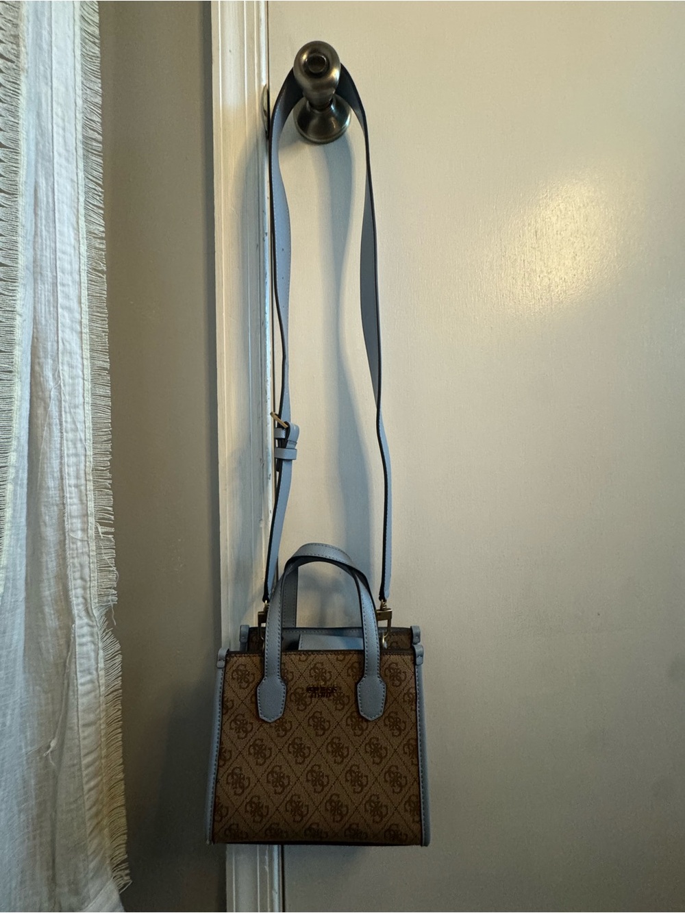 Guess Brown Monogram Crossbody with Light Blue Trim